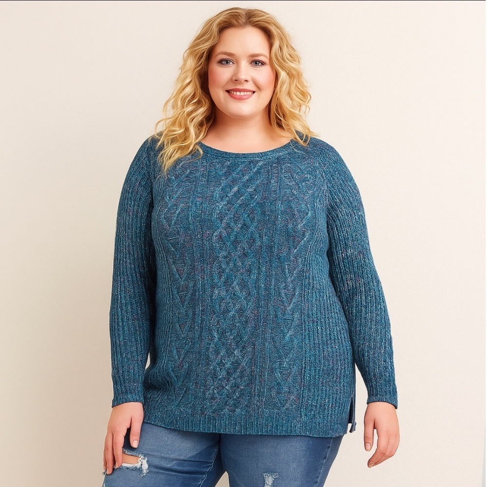 Teal Blue Cable Knit Sweater, Cotton Blend XXL (Womens 20) | Cozy colorful boho